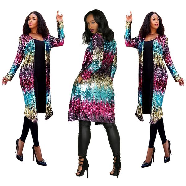

women designer long sequined cardigan jacket spring autumn colorful fashion jacket coats open stitch, Black;brown