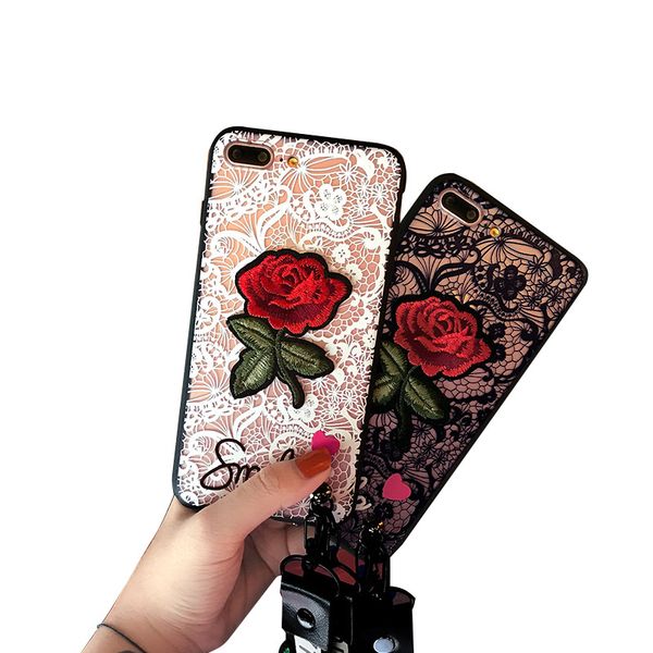 

3d red rose cover for iphone x 6 6s 7 8 plus lace case embroidered hard pc protective bumper luxury strap