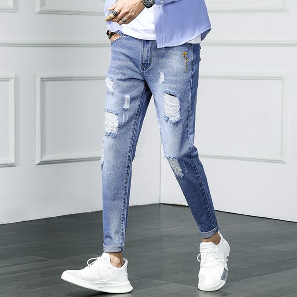 

ripped hole slim fit men jeans pants blue ankle length washed quality 2019 summer new casual streetwear denim trousers