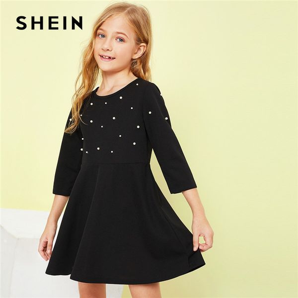 

shein kiddie black solid girls pearl beading flare casual dress children clothing 2019 spring fashion a line cute short dresses, Red;yellow