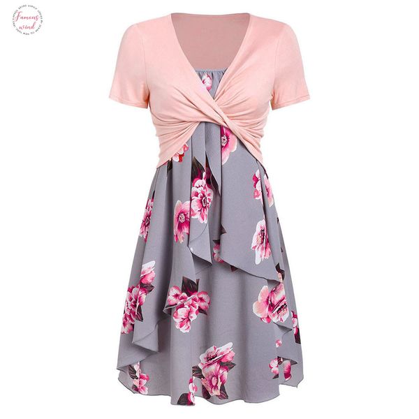 

sleeper 401 fashion summer short sleeve front criss cross floral print party dress suits 2020 ing, Black;gray