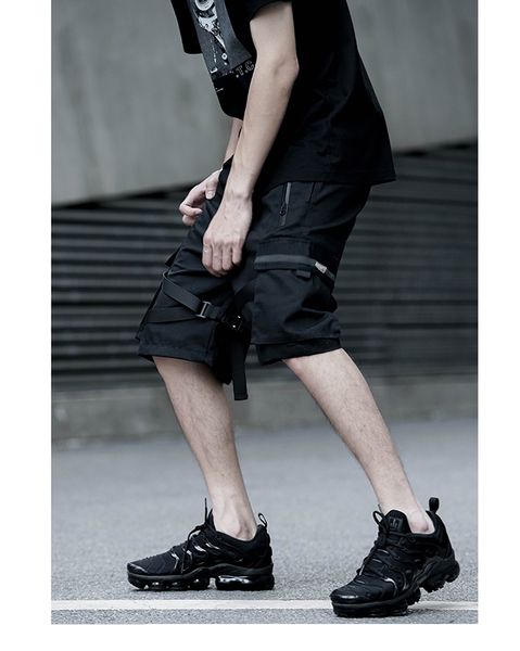 

brand designer men hip hop short joggers streetwear harajuku shorts pockets ribbon summer black tatical military baggy short, White;black