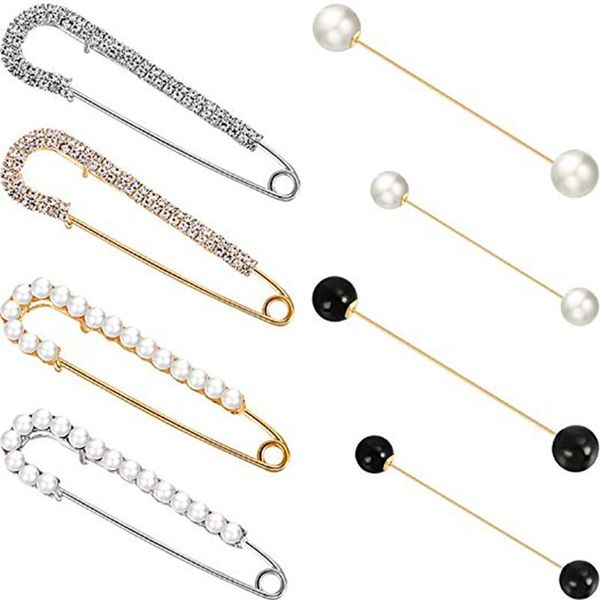 

8pcs sweater shawl clips double faux pearl brooch crystal safety pin set, Gray