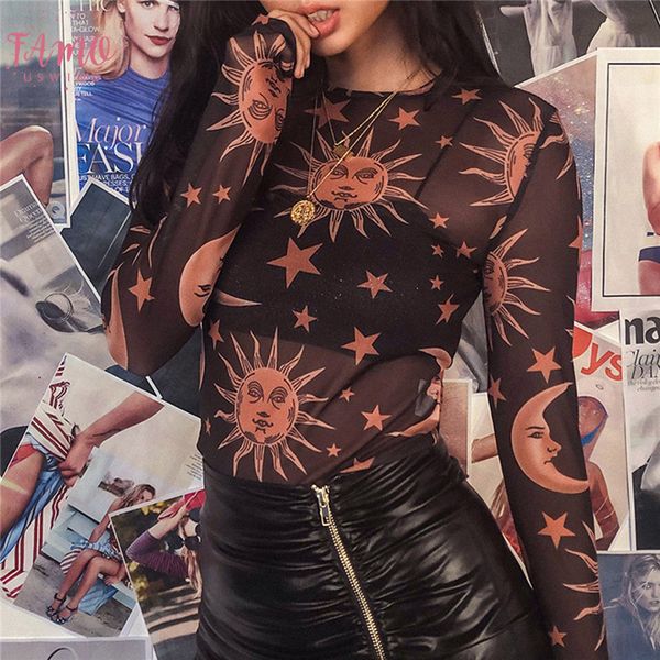

sun moon print transparent t shirts women see through long sleeve 2019 spring selling clothing stars v neck girl, White