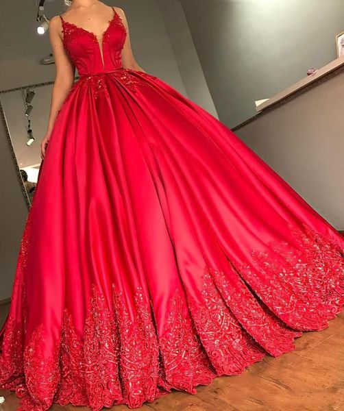 

luxury red a-line prom dresses 2019 spaghetti v neck lace appliqued beads court train formal evening gowns evening dress plus size, Black