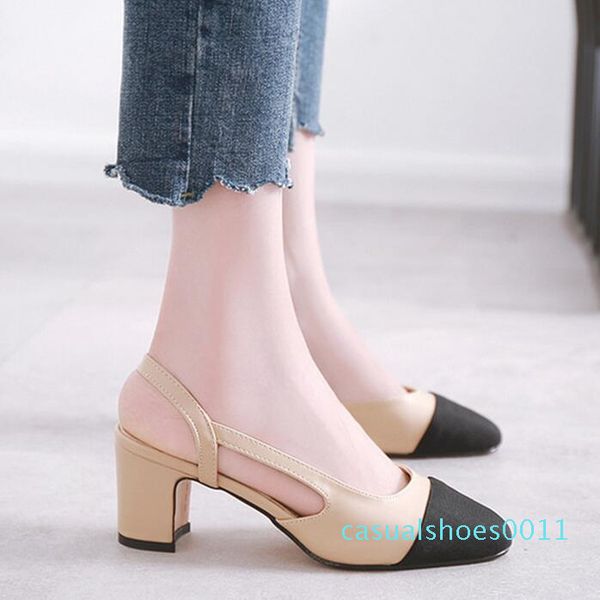 

ladies fashion brand designer casual shoes square head color matching thick heel shoes noble dinner dress sandals, Black