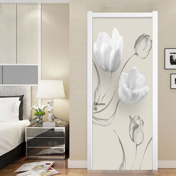 

wallpapers pvc self-adhesive waterproof door sticker modern white flowers mural wallpaper 3d living room bedroom home decor wall stickers
