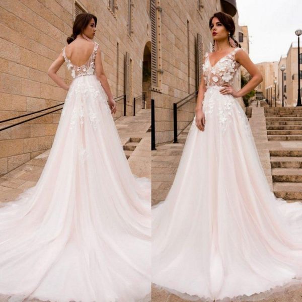 

bohemian backless wedding dresses beaded v neck 3d lace appliqued boho bridal gowns sweep train tulle beach vestidos de novia, White