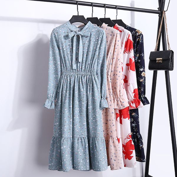 

womens clothing designer dress spring and autumn flutter sleeve chiffon elastic waist dress a long sleeved print dress slim feminino, Black;gray