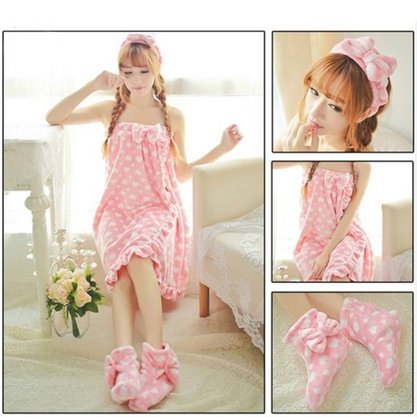 

3шт / set winter сладкой фланель robe обернутой грудь ванна полотенце установить с диапазоном волосы халат обувь hometextile подтяжка ванна