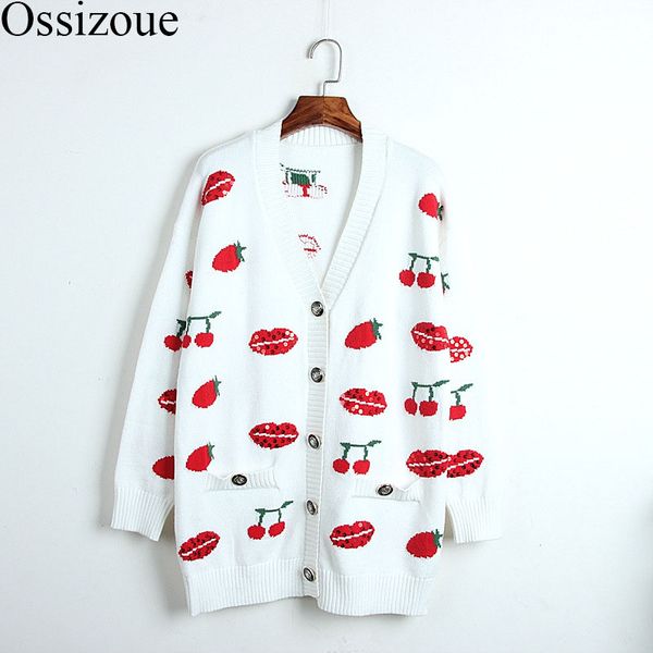 

runway women cardigans 2020 autumn spring white strawberry sweater v-neck coats lips sequins knitted long loose casual outwear