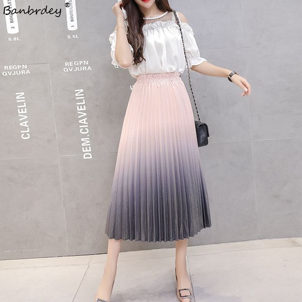 

2018 women summer skirt elastic waist pleated gradient skirts ladies fashion elegant skirt mid-calf jupe femme faldas mujer, Black