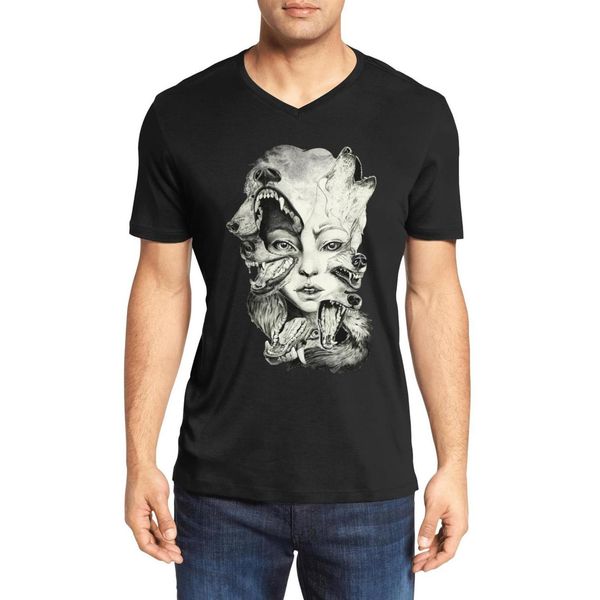 

men's abstract wolf girl head face eyes fashion v-neck t-shirt design cool cotton shirt cute short sleeve wild life wilderness range an, White;black