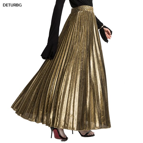 

spring metallic pleated maxi skirt high waist harajuku large swing gold long skirts for women plus size  saias sk275, Black