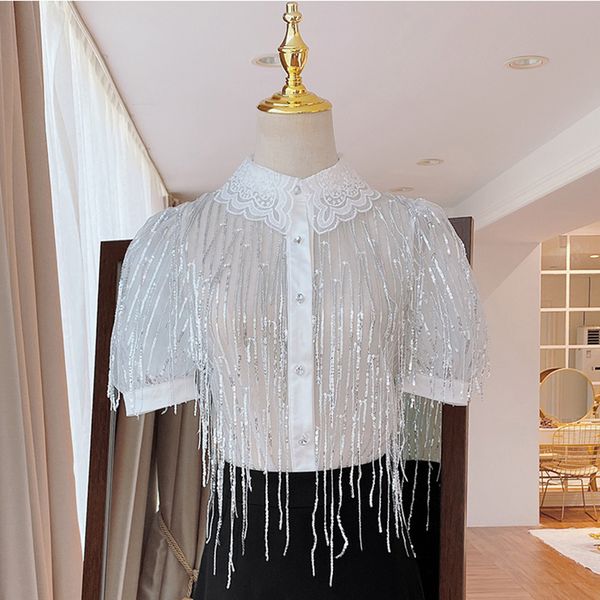 

high street summer fashion 2020 blouse women's short sleeve sequined tassel gauze blouse shirt, White