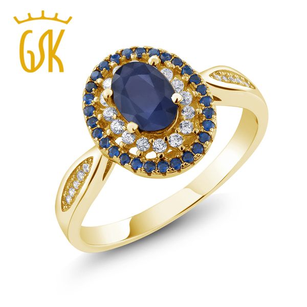 

gemstoneking 1.62 ct oval natural blue sapphire 18k yellow gold plated 925 silver women's engagement ring, Golden;silver