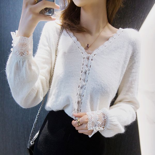 

women sweater spring wool lace button v-neck sweater cardigan, White