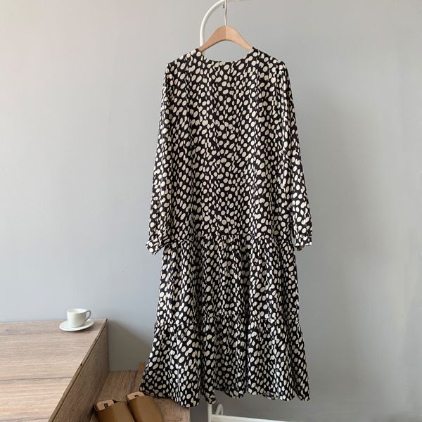 

spring vintage printed polka dot full sleeve women dress new 2020 mid-length o-neck chiffon oversize summer dress female crriflz, Black;gray