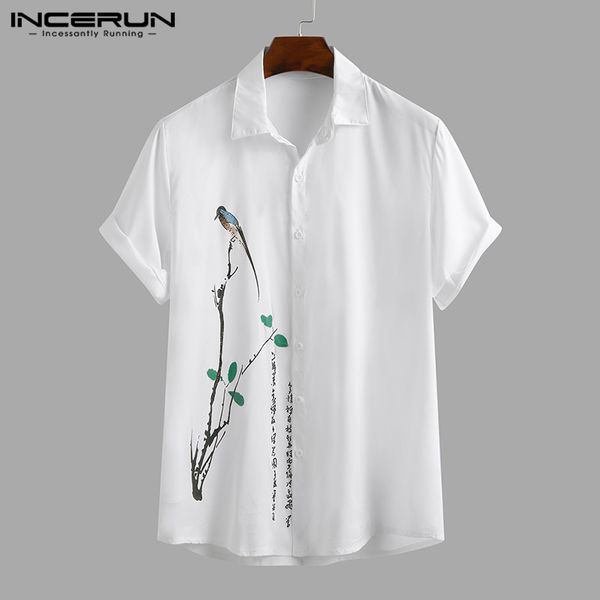 

incerun summer men casual shirt short sleeve breathable 2020 printed vintage turn down collar camisa masculina street blouse 3xl, White;black