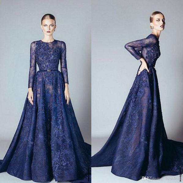 

2020 vintage ellie saab evening dresses navy blue ruffles beaded appliques lace prom dress long sleeves dubai arabic evening gowns vestidos