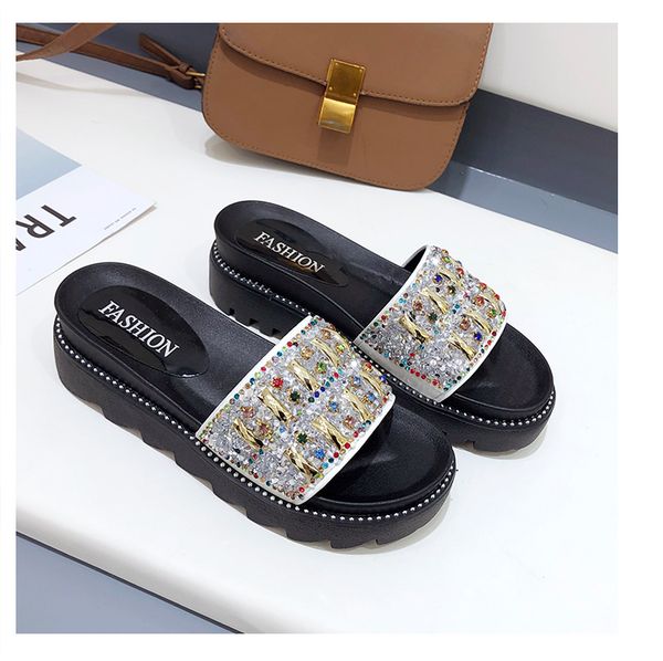 

med female shoes house slippers platform luxury slides rivet shose women jelly flip flops 2020 flat designer summer glitter, Black