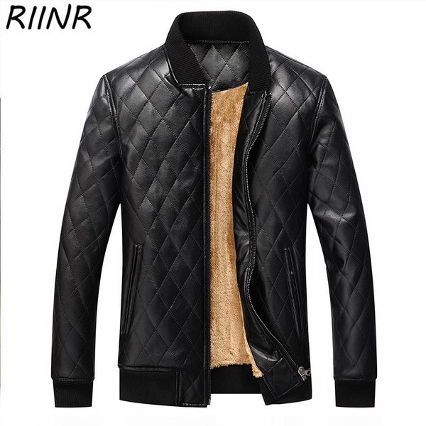 

riinr new solid color winter men's pu jacket stand collar zipper thick warm jackets man casual jacket male coat us size s-2xl, Black