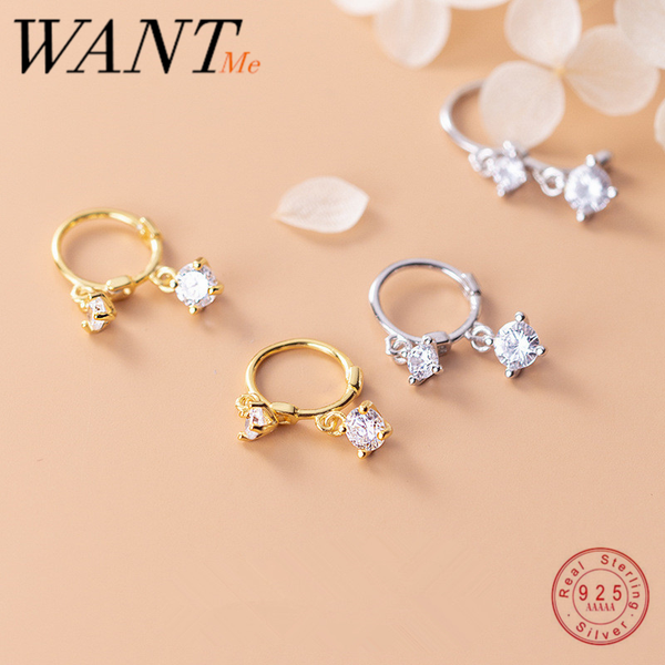 

wantme genuine 100% 925 sterling silver white zircon gothic dazzling dangle pendant stud earrings for women fine jewelry gift, Golden;silver