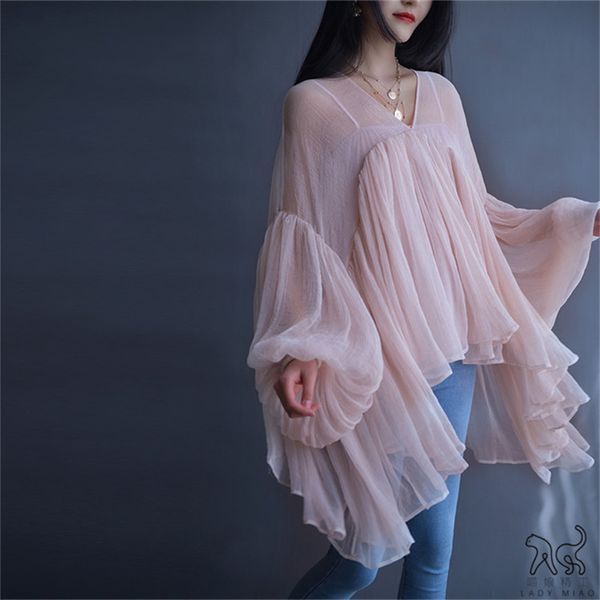 

summer women's and shirts clothes 2019 vintage lantern sleeve chiffon long sleeve v-neck irregular shirt two-piece set, White