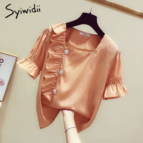 

side ruffles button vintage square neck blouse women summer 2019 short flare sleeve shirts casual chic chiffon blouses s-xl, White