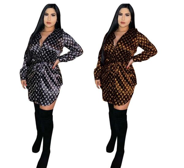 

Бренд дизайн сексуальная отворотом шеи кнопка Письмо печати рубашка платье мода женщины с длинным рукавом мини платья осень вечернее платье Леди повседневная блузка