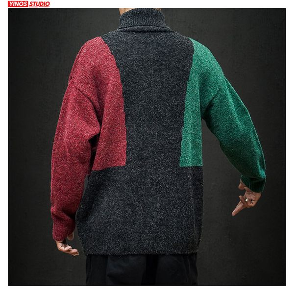 

dropshipping 2019 male loose turtleneck patchwork pullover streetwear causal high collar sweater baggy long sleeve swearters, White;black