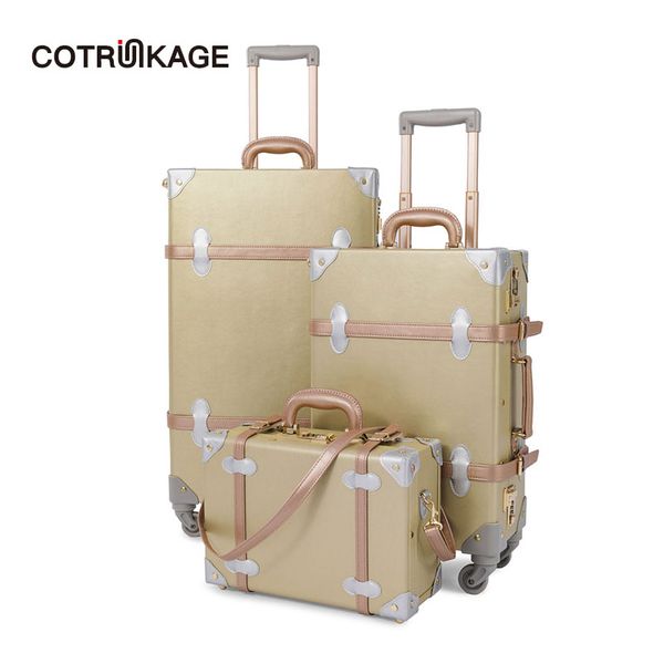 

cotrunkage 3 pieces gold retro pu leather suitcase set 13" 20" 26" women trunk vintage luggages girls rolling luggage sets