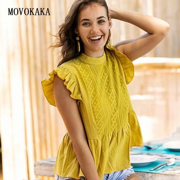 

movokaka new fashion yellow blouse ruffles sleeve blouse women spring summer women plus size blouses slim shirt, White