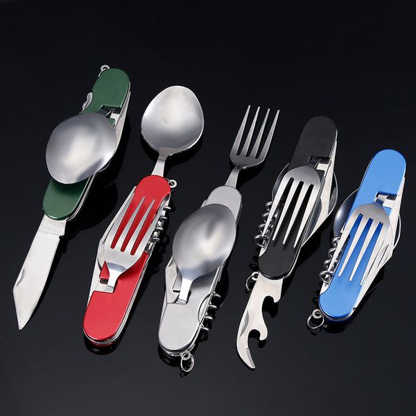 

multitool outdoor camping sport travel tableware folding pocket kits stainless steel spoon fork knife for picnic survival hiking