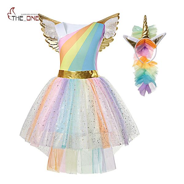 

muababy girl unicorn dress up kids summer rainbow sequin party tutu dress girls pageant tulle cosplay costume with wing headband, Red;yellow