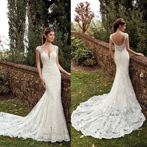 

eddy k 2019 свадебные платья sexy глубокий v шеи полный кружева аппликации сад свадебные платья развертки поезд русалка свадебное платье хал, White