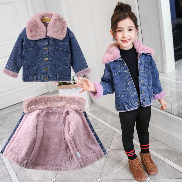 

новые зимние девочки denim пальто дети дети мода хлопок толстые верхняя одежда подростковая девушки плюс бархатные теплые куртки для 4-10y 2, Blue;gray