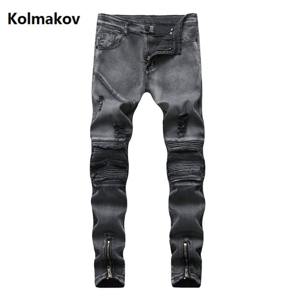 

2019 zipper style casual elastic jeans men ,men's straight classic black jeans , broken hole wrinkle men, Blue