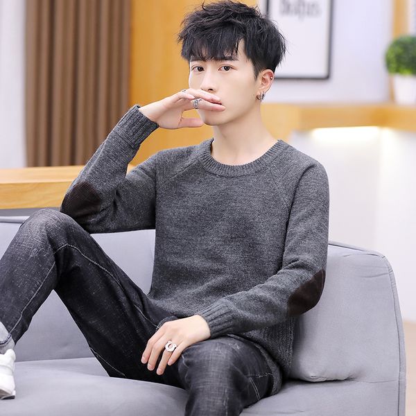 

2019 men's sweater korean crewneck knitted backing shirt fall/winter joker trend solid color student liner mens wear, White;black