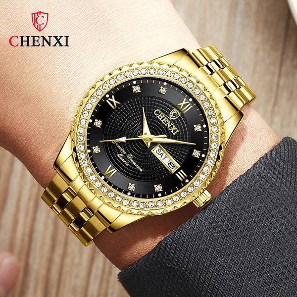

chenxi luxury men gold watches golden stainless steel waterproof male business watch calendar week quartz men's dress wristwatch, Slivery;brown