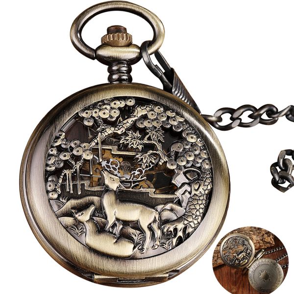 

vintage bronze steampunk mechanical pocket watch men waist chain deer hollow design dial roman number two open face male clock, Slivery;golden