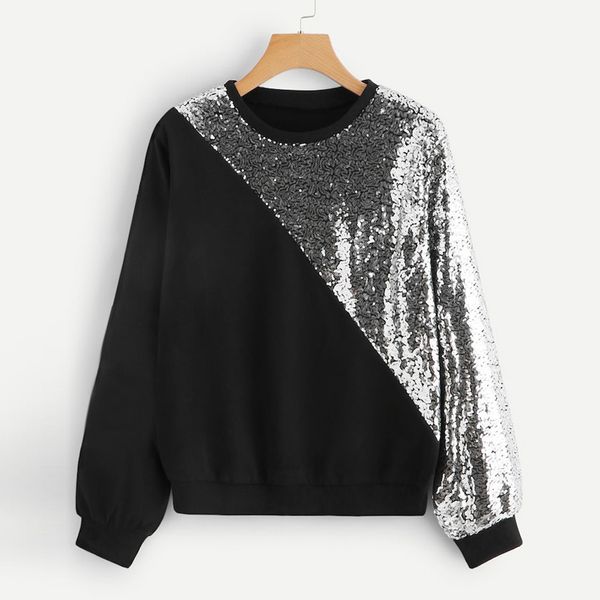 

women's blings sequined color block o-neck patchwork sweatshirt fashion pullover harajuku femme sudadera mujer clothes#10, Black