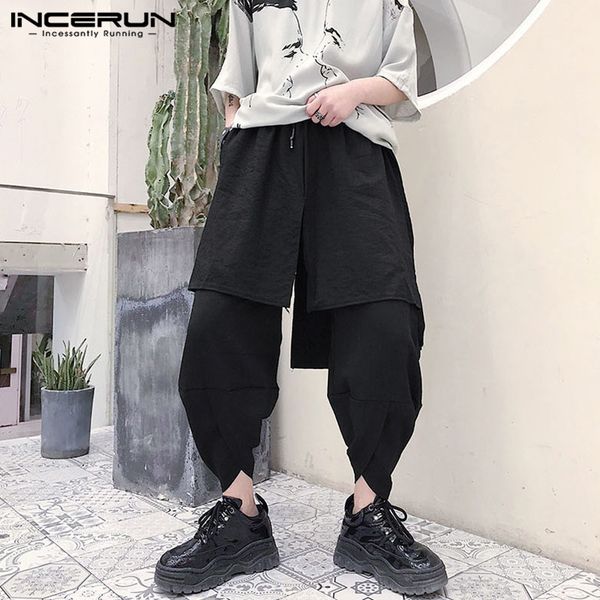 

incerun men harem pants elastic waist solid joggers streetwear casual skirts trousers men 2020 loose punk irregular pants s-5xl, Black