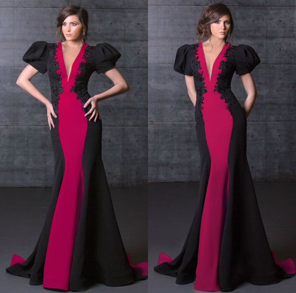

2020 deep v neck mermaid prom dresses lace appliqued short bell sleeves custom made evening gowns sweep train red carpet dress, Black;red