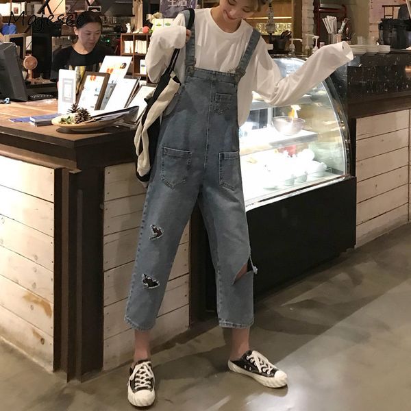 

jumpsuits women ankle length hole casual loose denim korean style students pockets womens classic high waist trousers female, Black;white