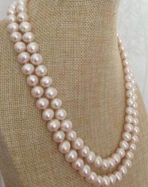 

>>>> noble jewelry double strands 9-10mm freshwater round white pearl necklace 17-18 inches, Silver