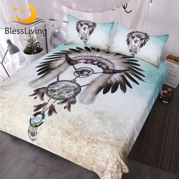 

blessliving wolf dreamcatcher bedding set feather beads boy western bedclothes 3 piece gray teal blue duvet cover