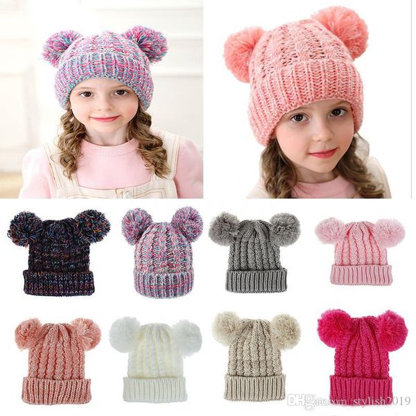 

малыш вязать крючком шапочки шляпа девушки мягкие двойные шары зима теплая шляпа 12 цветов открытый ребенок помпон лыжные шапки dc814, Blue;gray
