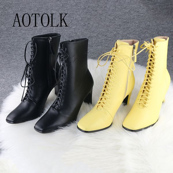 

genuine leather woman boots fashion high heels shoes winter lace up woman ankle boots square toe ankle female shoes heels, Black