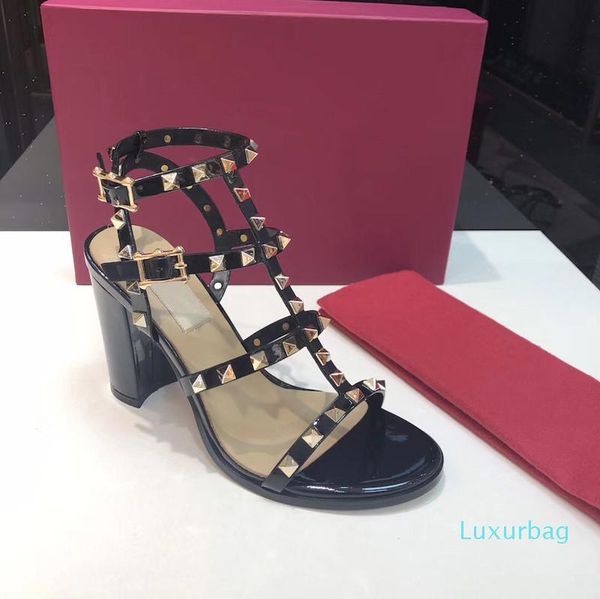 

women leather stud sandals t-strap party shoes summer high heels rivets shoes ladies party shoes 6.5cm 9.5cm 15, Black